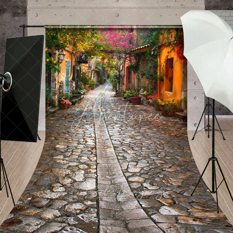 Aperturee - Aperturee European Old Town Cobblestone Street Backdrop Spring Floral Vintage Village Alley Photography Background