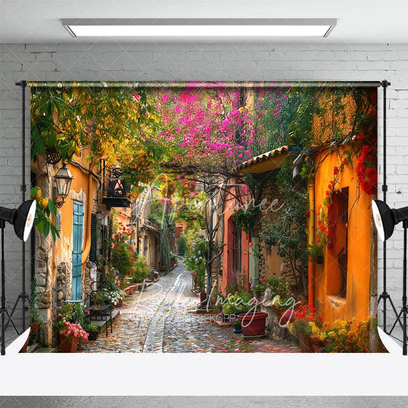 Aperturee - Aperturee European Town Street Backdrop Colorful Stone Houses and Pink Floral Bougainvillea Photography Background for Travel