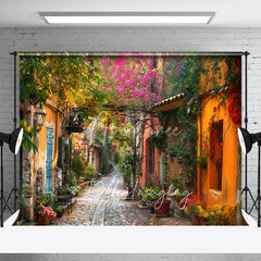 Aperturee - Aperturee European Town Street Backdrop Colorful Stone Houses and Pink Floral Bougainvillea Photography Background for Travel