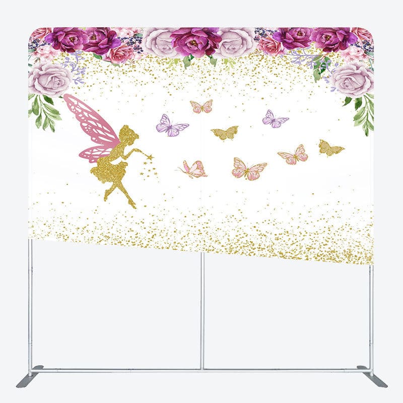 Aperturee - Aperturee Fairy Floral Glitter Birthday Square Tension Backdrop