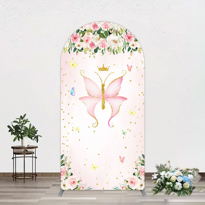 Aperturee - Aperturee Fairy Floral Pink Butterfly Birthday Arch Backdrop