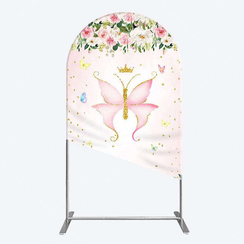Aperturee - Aperturee Fairy Floral Pink Butterfly Birthday Arch Backdrop
