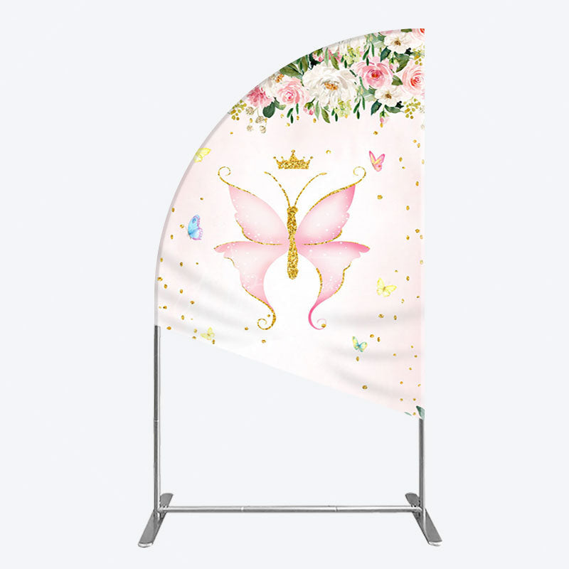 Aperturee - Aperturee Fairy Floral Pink Butterfly Birthday Half Moon Arch Backdrop