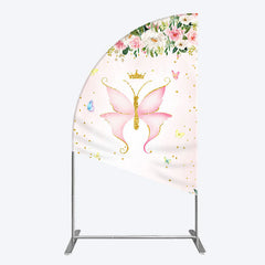 Aperturee - Aperturee Fairy Floral Pink Butterfly Birthday Half Moon Arch Backdrop