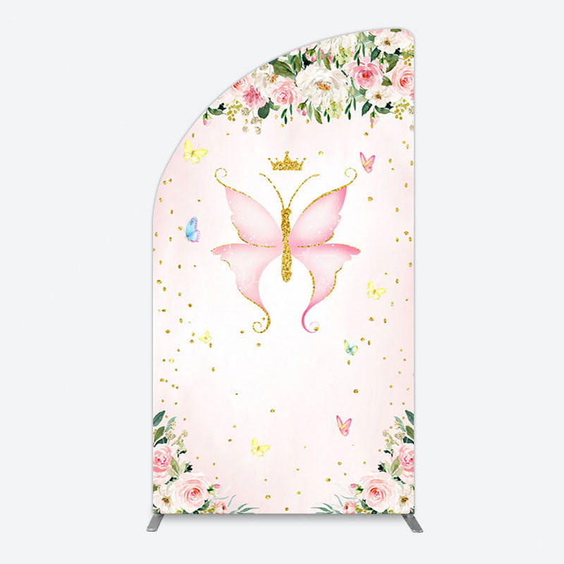 Aperturee - Aperturee Fairy Floral Pink Butterfly Birthday Half Moon Arch Backdrop