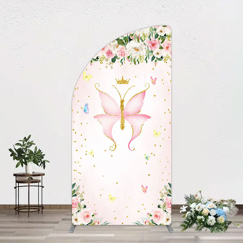 Aperturee - Aperturee Fairy Floral Pink Butterfly Birthday Half Moon Arch Backdrop
