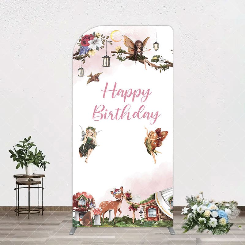Aperturee - Aperturee Fairy Floral Wonderland Happy Birthday Arch Backdrop