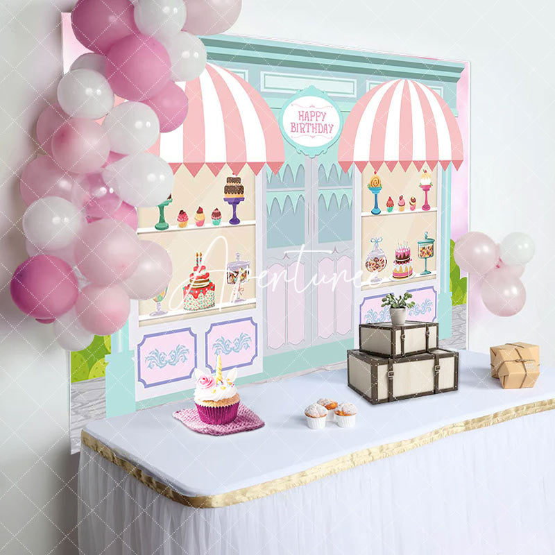 Aperturee - Aperturee Fairy Green Pink Dessert House Birthday Backdrop