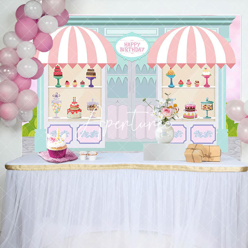 Aperturee - Aperturee Fairy Green Pink Dessert House Birthday Backdrop