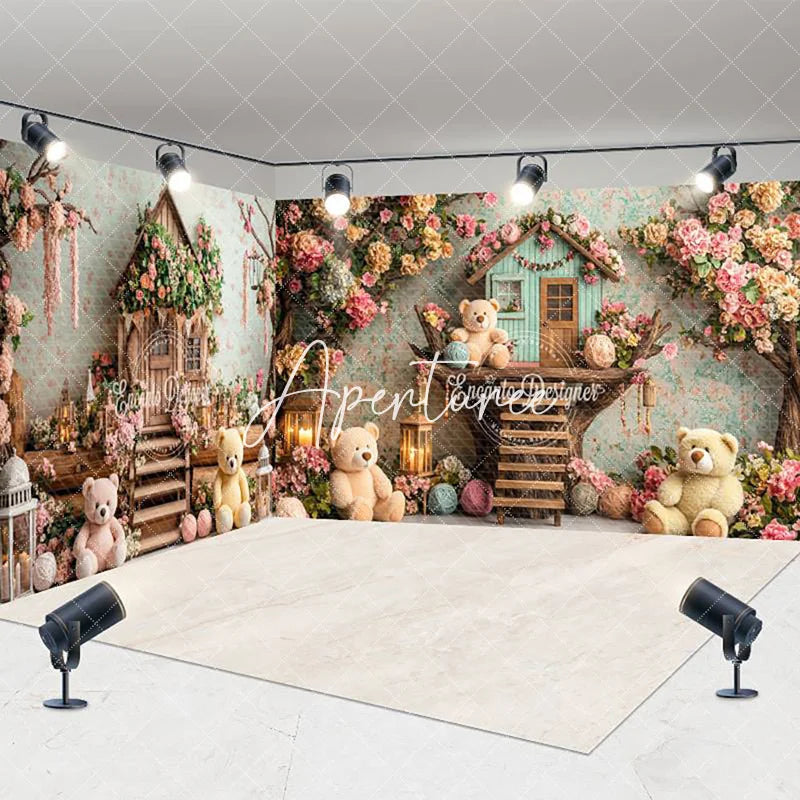 Aperturee - Aperturee Fairy House Floral Bear Cake Smash Room Set Backdrop