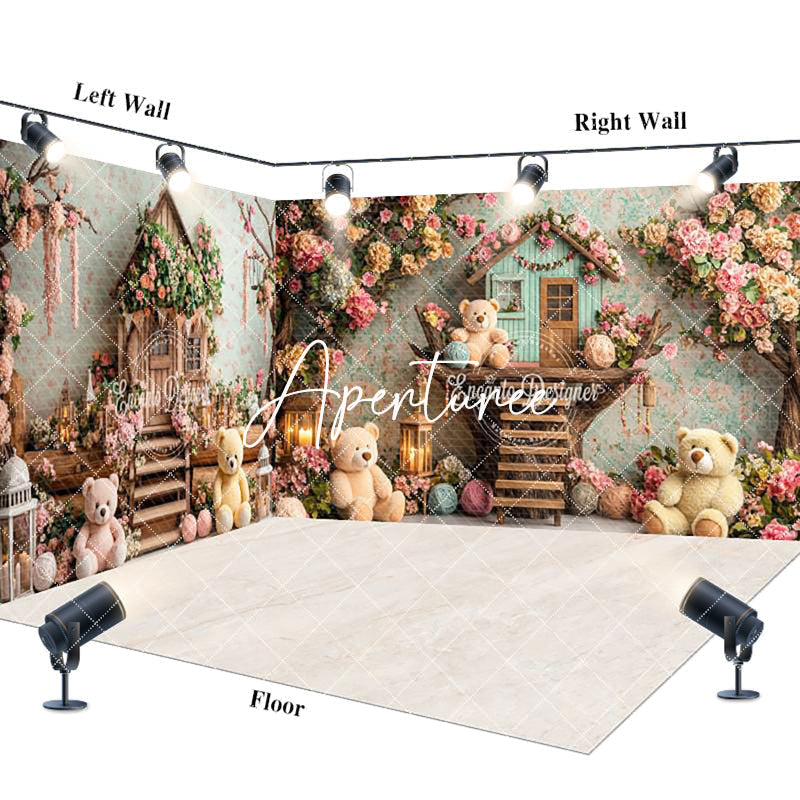 Aperturee - Aperturee Fairy House Floral Bear Cake Smash Room Set Backdrop