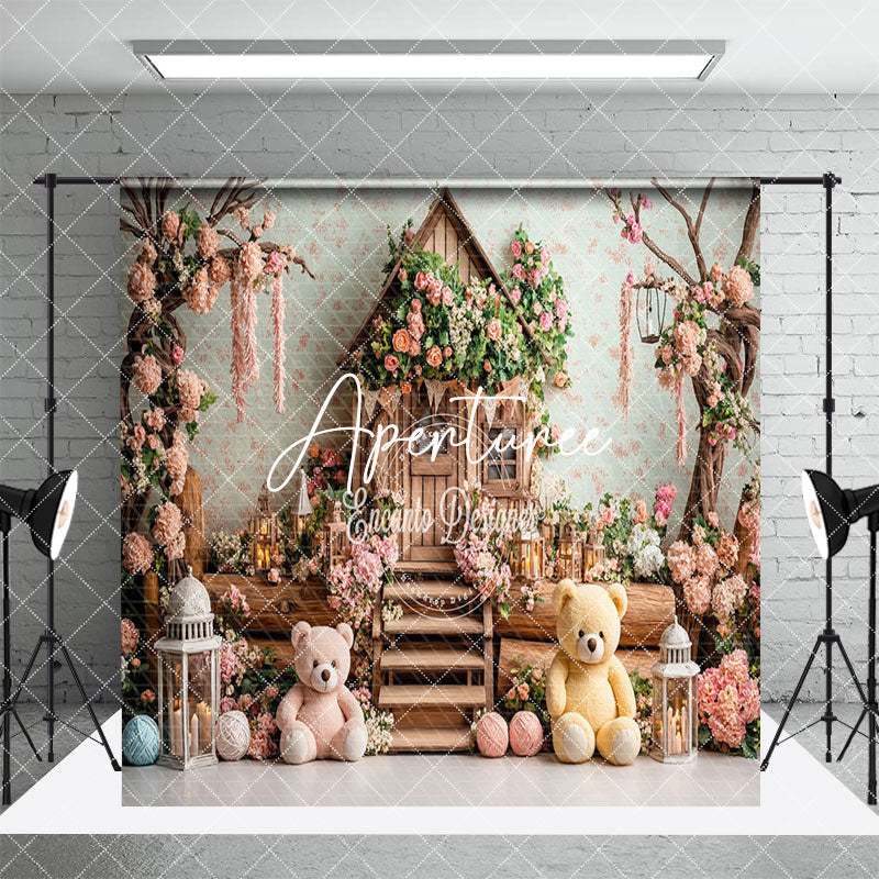 Aperturee - Aperturee Fairy House Floral Bear Cake Smash Room Set Backdrop