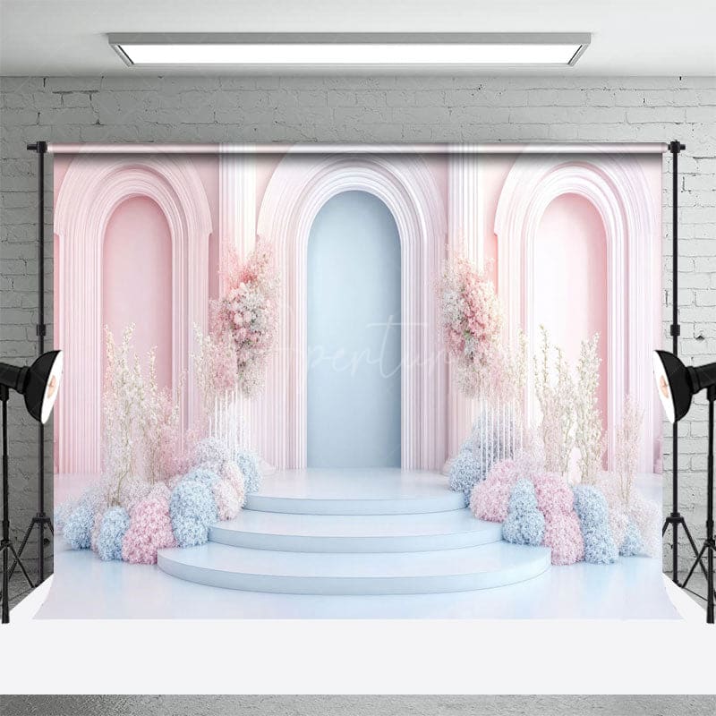 Aperturee - Aperturee Fairy Pink Blue Arch Floral Wedding Photo Backdrop