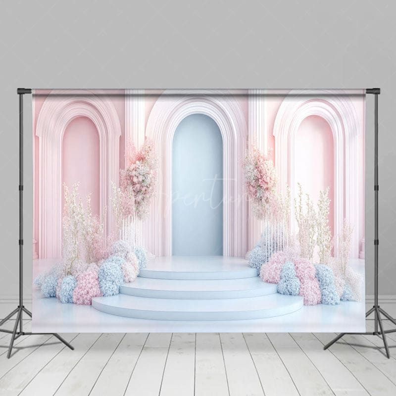 Aperturee - Aperturee Fairy Pink Blue Arch Floral Wedding Photo Backdrop