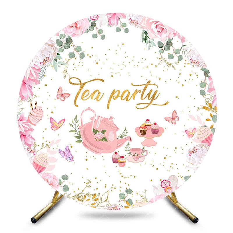 Aperturee - Aperturee Fairy Pink Floral Leaves Round Tea Party Backdrop