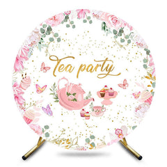 Aperturee - Aperturee Fairy Pink Floral Leaves Round Tea Party Backdrop