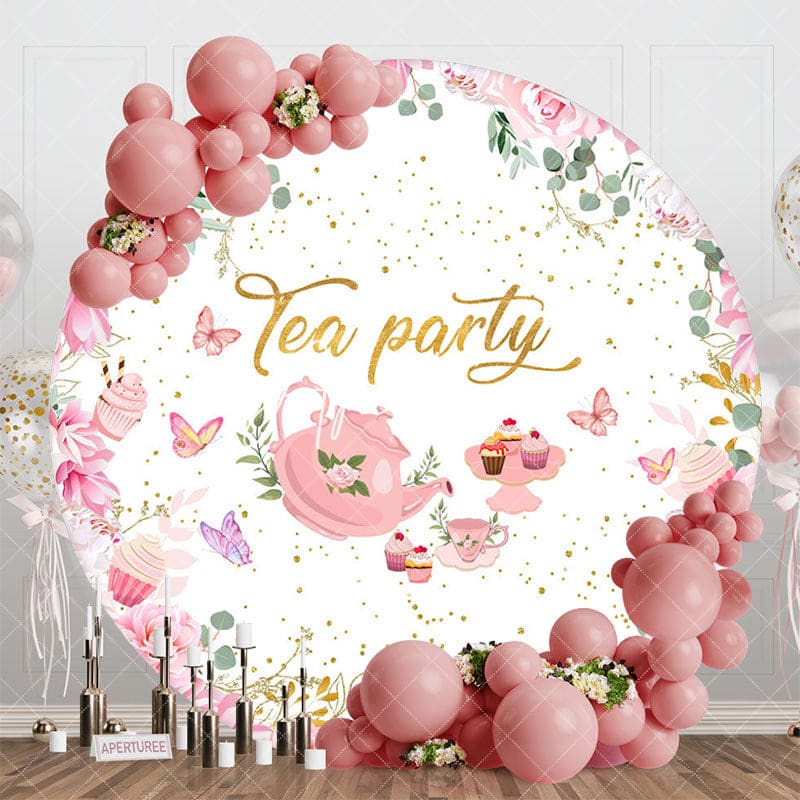 Aperturee - Aperturee Fairy Pink Floral Leaves Round Tea Party Backdrop