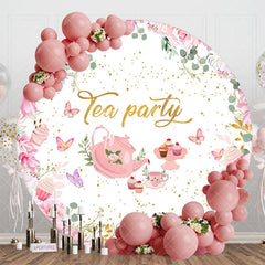Aperturee - Aperturee Fairy Pink Floral Leaves Round Tea Party Backdrop