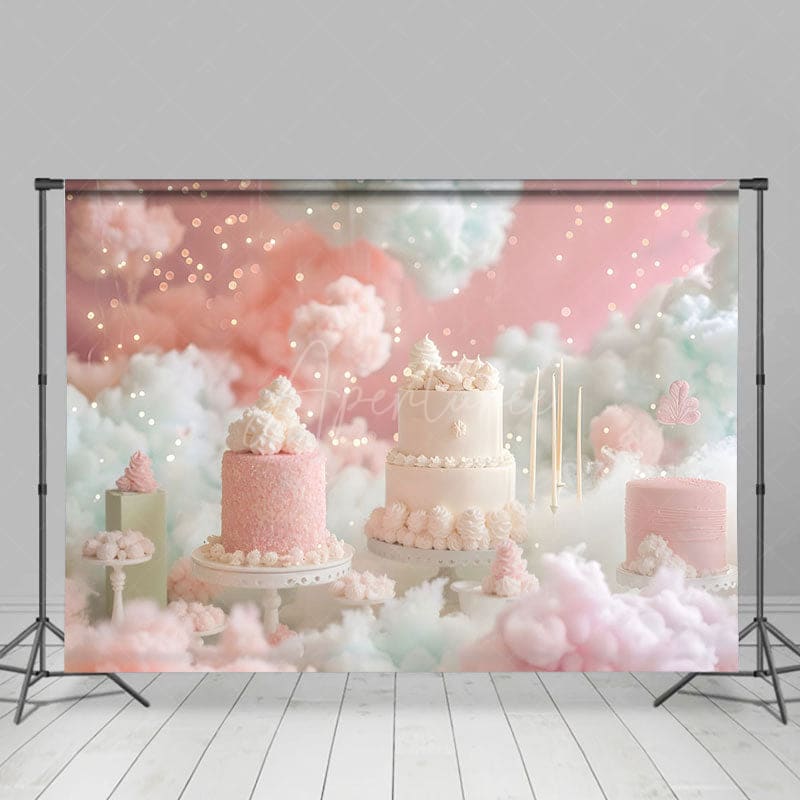 Aperturee - Aperturee Fairy Pink White Clouds Lighted Cake Smash Backdrop