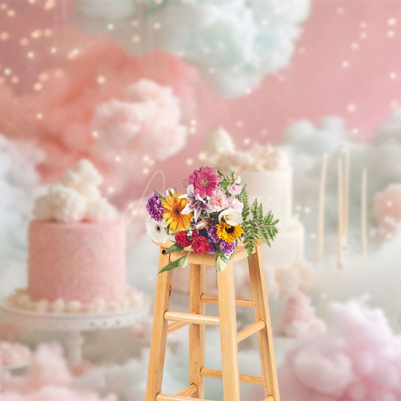 Aperturee - Aperturee Fairy Pink White Clouds Lighted Cake Smash Backdrop