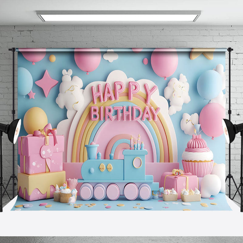 Aperturee - Aperturee Fairy Rainbow Balloons Train Cake Smash Backdrop