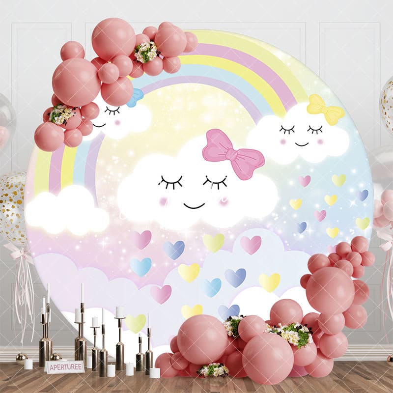 Aperturee - Aperturee Fairy Rainbow Clouds Hearts Round Birthday Backdrop