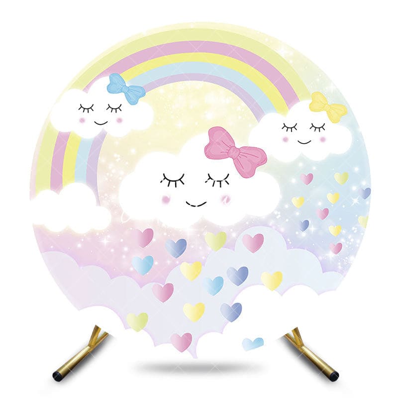 Aperturee - Aperturee Fairy Rainbow Clouds Hearts Round Birthday Backdrop