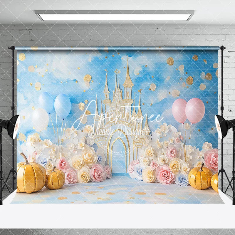 Aperturee - Aperturee Fairy Tale Castle Floral Pumpkin Cake Smash Backdrop