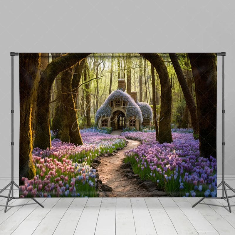 Aperturee - Aperturee Fairy Tale Floral Sea Forest Cabin Photo Backdrop
