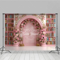 Aperturee - Aperturee Fairy Tale Library Backdrop Pink Bookshelf Arch Door Rose Floral Wedding Photography Background Props