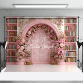 Aperturee - Aperturee Fairy Tale Library Backdrop Pink Bookshelf Arch Door Rose Floral Wedding Photography Background Props