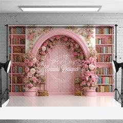 Aperturee - Aperturee Fairy Tale Library Backdrop Pink Bookshelf Arch Door Rose Floral Wedding Photography Background Props