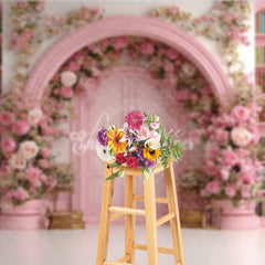 Aperturee - Aperturee Fairy Tale Library Backdrop Pink Bookshelf Arch Door Rose Floral Wedding Photography Background Props