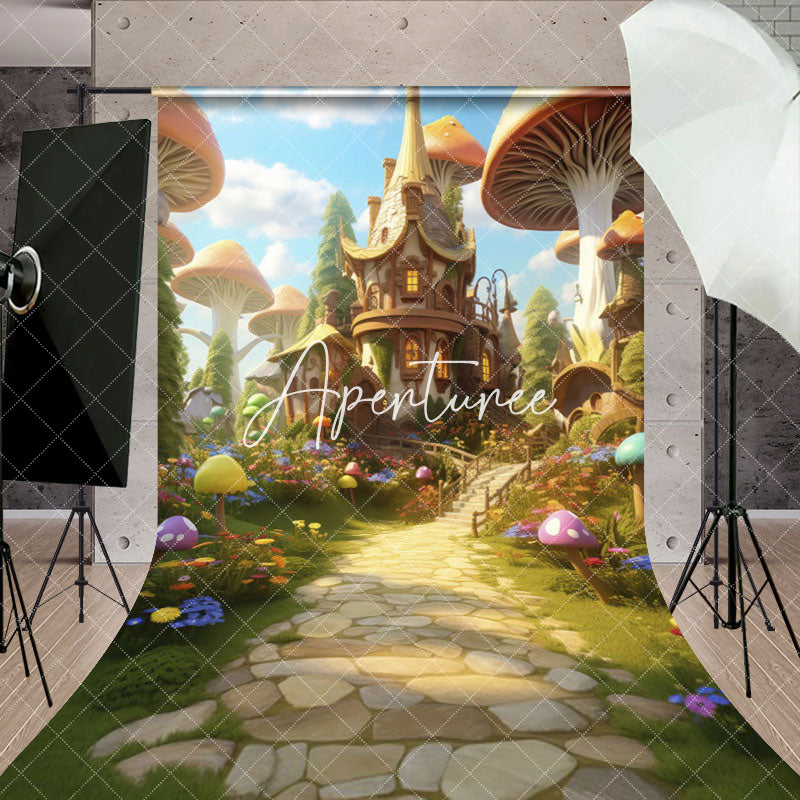 Aperturee - Aperturee Fairy Tale Mushroom Castle Path Cake Smash Backdrop
