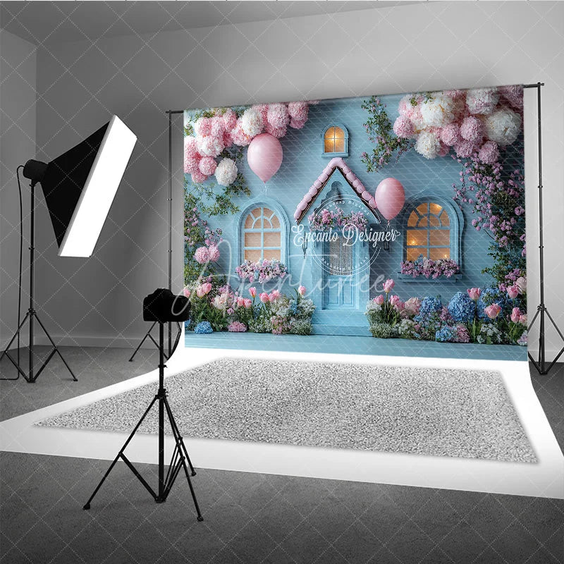 Aperturee - Aperturee Fairytale Blue House Photography Backdrop Pink Floral Cottage with Balloons Whimsical Birthday Photo Background