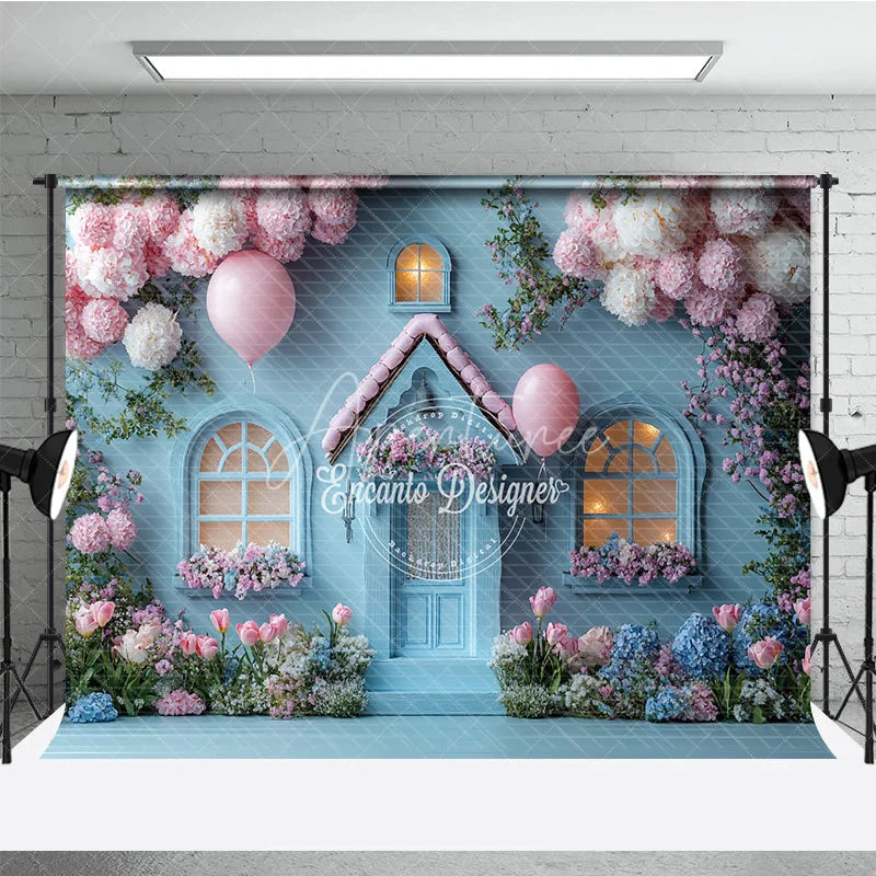 Aperturee - Aperturee Fairytale Blue House Photography Backdrop Pink Floral Cottage with Balloons Whimsical Birthday Photo Background