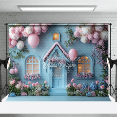 Aperturee - Aperturee Fairytale Blue House Photography Backdrop Pink Floral Cottage with Balloons Whimsical Birthday Photo Background