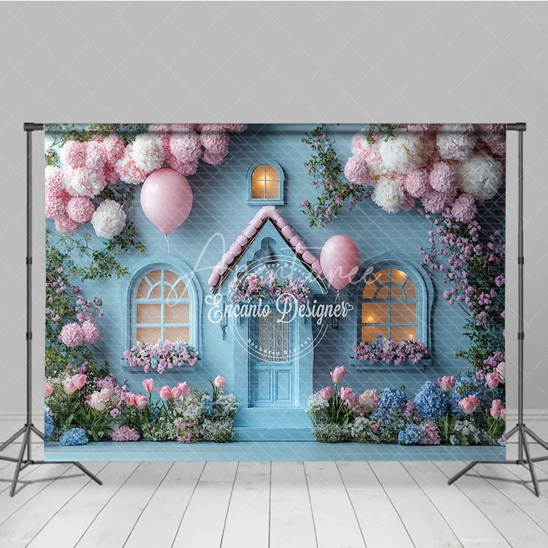 Aperturee - Aperturee Fairytale Blue House Photography Backdrop Pink Floral Cottage with Balloons Whimsical Birthday Photo Background