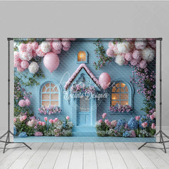 Aperturee - Aperturee Fairytale Blue House Photography Backdrop Pink Floral Cottage with Balloons Whimsical Birthday Photo Background