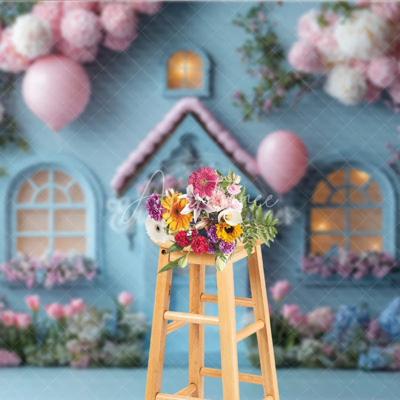 Aperturee - Aperturee Fairytale Blue House Photography Backdrop Pink Floral Cottage with Balloons Whimsical Birthday Photo Background