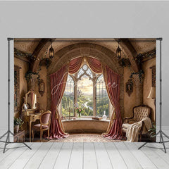 Aperturee - Aperturee Fairytale Castle View Photography Backdrop with Arched Window Elegant Pink Curtains and Ornate Room Decor