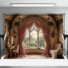 Aperturee - Aperturee Fairytale Castle View Photography Backdrop with Arched Window Elegant Pink Curtains and Ornate Room Decor