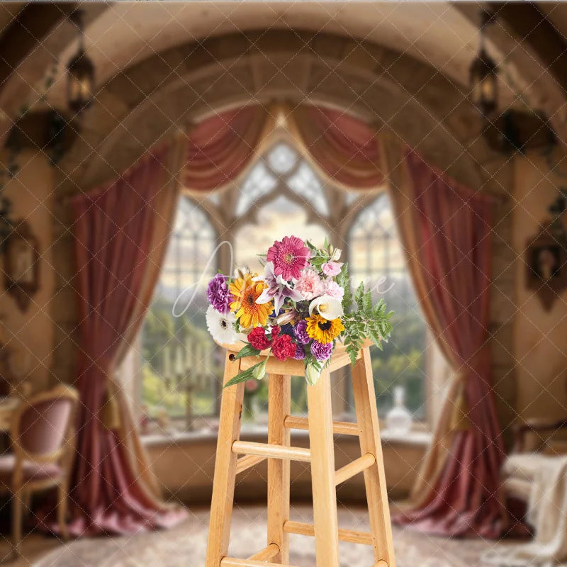 Aperturee - Aperturee Fairytale Castle View Photography Backdrop with Arched Window Elegant Pink Curtains and Ornate Room Decor