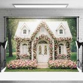 Aperturee Aperturee Fairytale Cottage House Photography Backdrop White Home Covered in Pink Roses Enchanted Garden Wedding Photo Prop
