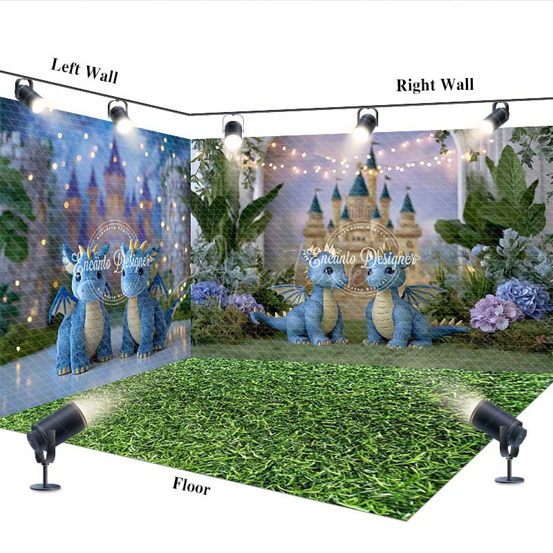 Aperturee - Aperturee Fairytale Dragons and Enchanted Castle Room Set Backdrop for Kids Birthday Cake Smash Photo Studio Background