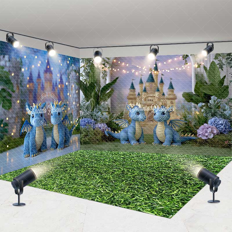 Aperturee - Aperturee Fairytale Dragons and Enchanted Castle Room Set Backdrop for Kids Birthday Cake Smash Photo Studio Background