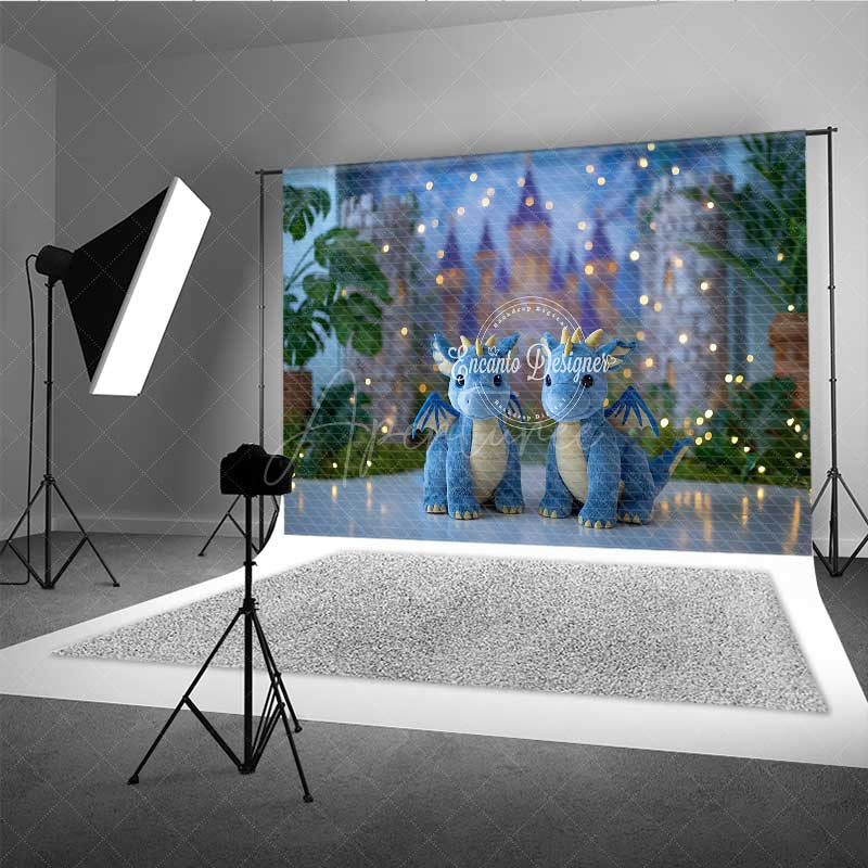 Aperturee - Aperturee Fairytale Dragons Cake Smash Photography Backdrop Cute Blue Dragons in Front of a Castle Magical Birthday Prop