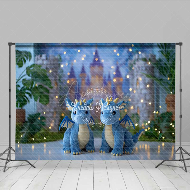 Aperturee - Aperturee Fairytale Dragons Cake Smash Photography Backdrop Cute Blue Dragons in Front of a Castle Magical Birthday Prop