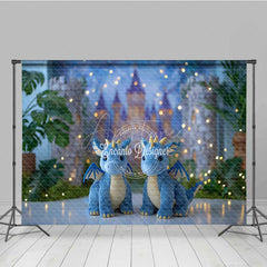 Aperturee - Aperturee Fairytale Dragons Cake Smash Photography Backdrop Cute Blue Dragons in Front of a Castle Magical Birthday Prop
