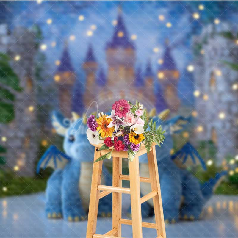 Aperturee - Aperturee Fairytale Dragons Cake Smash Photography Backdrop Cute Blue Dragons in Front of a Castle Magical Birthday Prop